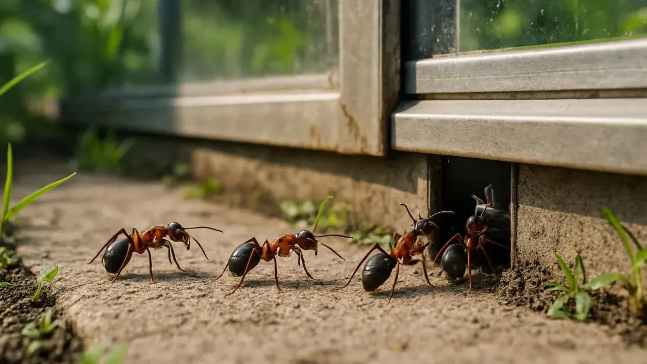 Mrówki w ogrodzie szukają rozwiązania, co na mrowki w ogrodzie. Kilka mrówek wychodzi z nory przy budynku.