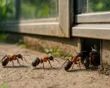 Mrówki w ogrodzie szukają rozwiązania, co na mrowki w ogrodzie. Kilka mrówek wychodzi z nory przy budynku.