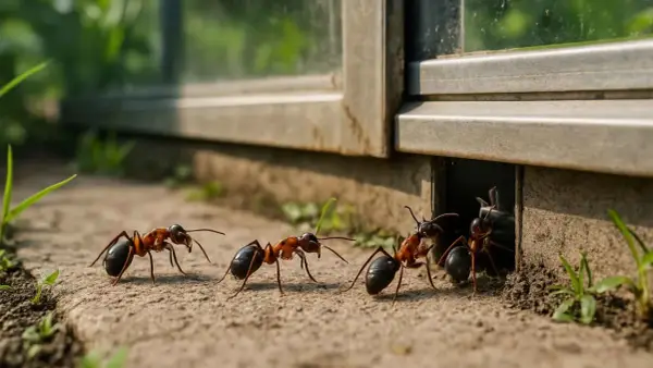 Mrówki w ogrodzie szukają rozwiązania, co na mrowki w ogrodzie. Kilka mrówek wychodzi z nory przy budynku.