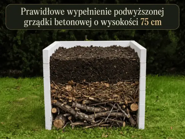 Warstwowe wypełnienie podwyższonej grządki betonowej: gałęzie, liście i ziemia. Idealne rozwiązanie, czym wypełnić podwyższone grządki.