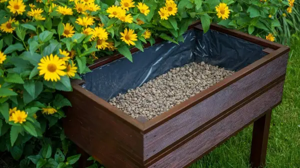 Wysoka donica z brązowego drewna, wyłożona czarną folią, wypełniona żwirem. Obok kwitną żółte kwiaty. Idealne rozwiązanie, co zamiast keramzytu do doniczki.